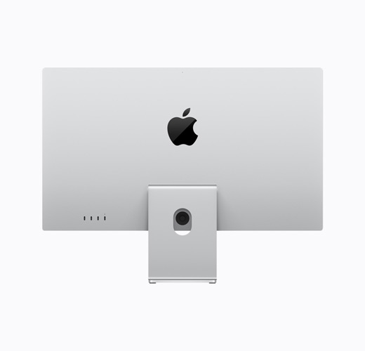 Apple Studio Display mit neigungsverstellbarem Standfuss, silber, Rückansicht, glänzendes schwarzes Apple Logo in der Mitte