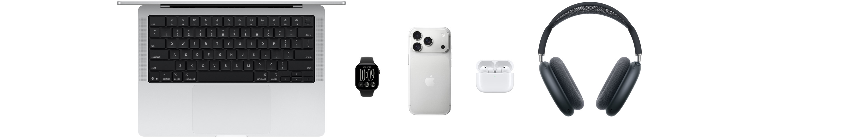 Verschiedene Apple Produkte, darunter ein MacBook, eine Apple Watch Series 11, ein iPhone 17 Pro, AirPods Pro 3, AirPods Max