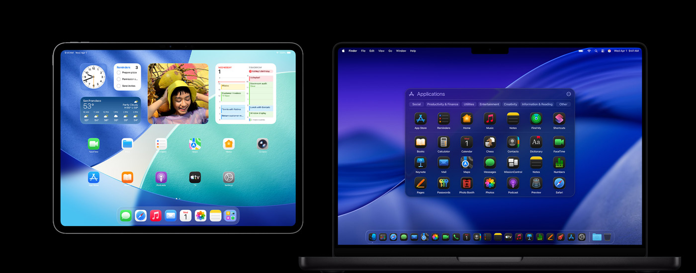 På en iPad og en Mac vises ulike appsymboler. På en iPad vises flere widgeter, inkludert Kalender, Vær og Bilder. I bakgrunnen på Macen vises macOS Tahoe.
