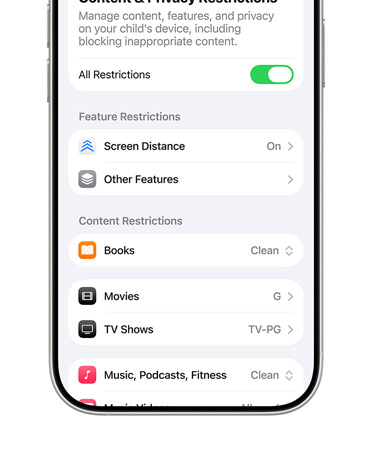 iPhone affichant les options de restrictions de contenu et de confidentialité pour un compte Enfant.