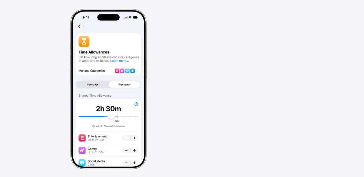 iPhone displaying Time Allowance interface, including a shared time allowance of two hours and 30 minutes, and suggested allowances for app categories like entertainment, games and social media.