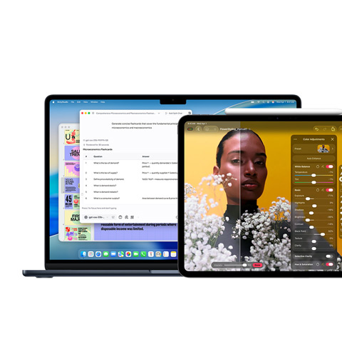 Macin näyttö, jossa on Apple Intelligence, iPadin näyttö, jossa on Pixelmator Pro