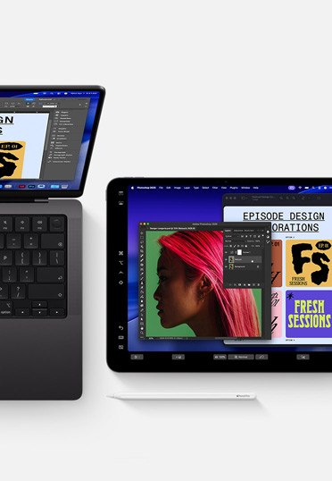 MacBook ja iPad Apple Pencilillä, molemmissa näytöissä sama graafisen suunnittelun ohjelmisto, millä esitellään jatkuvuusominaisuutta.