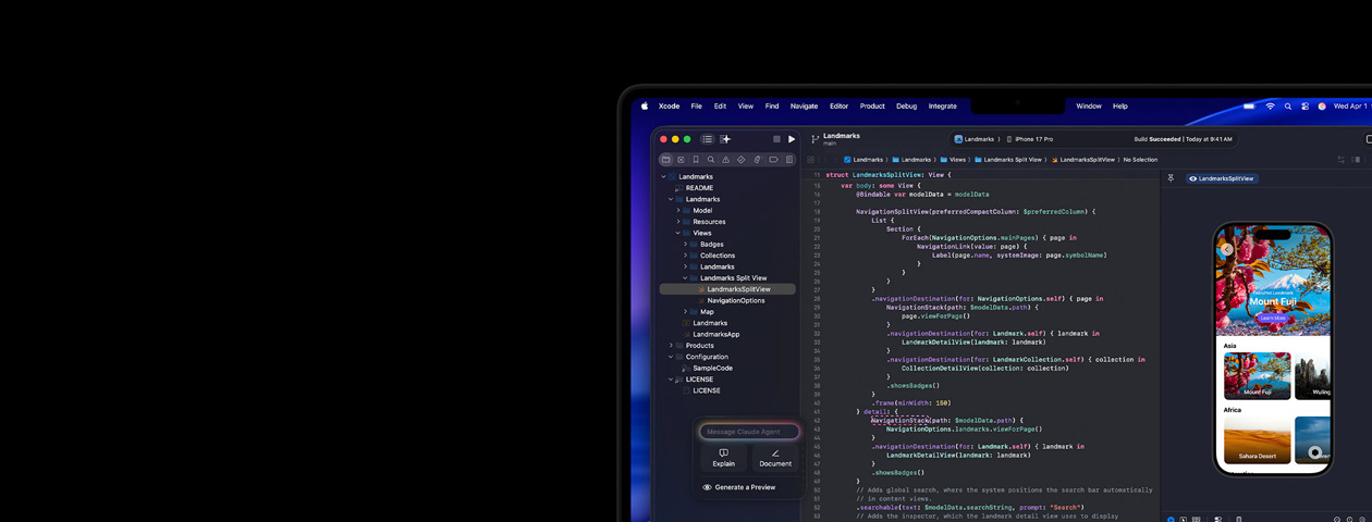 Xcode op Mac, met AI-programmeerassistent Claude Agent en een voorvertoning van een app op iPhone