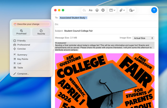 Een e-mail over een studentenbijeenkomst in Mail op Mac, met de Apple Intelligence-feature Schrijfhulp geopend en opties om te corrigeren of de toon aan te passen