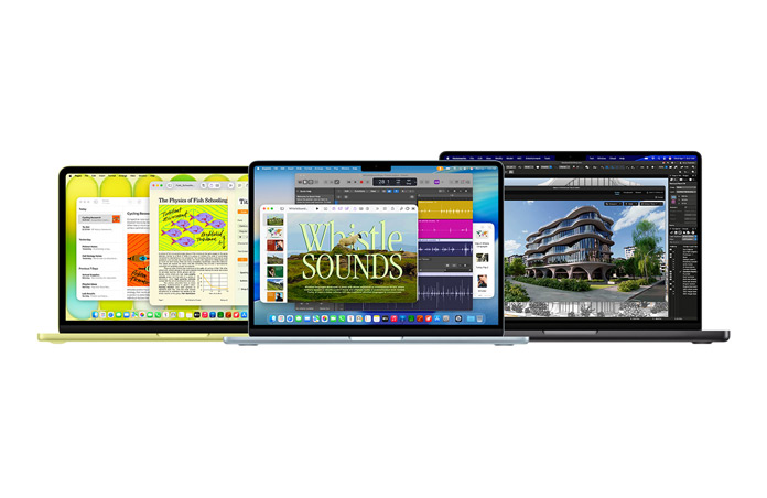 MacBook Neo in Citrus, MacBook Air in zilver en MacBook Pro in Spacezwart ter illustratie van de verschillende prestaties van de Mac-serie