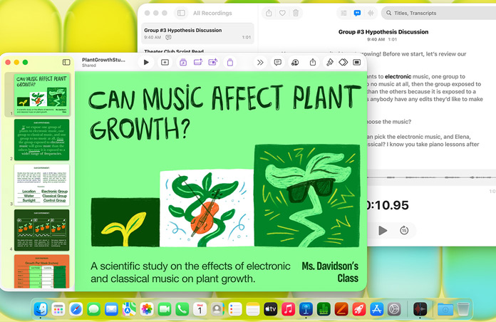 Un écran de Mac affiche une présentation Keynote intitulée « La musique a-t-elle un effet sur la croissance des plantes ? » avec une transcription de Dictaphone, mettant en évidence la polyvalence