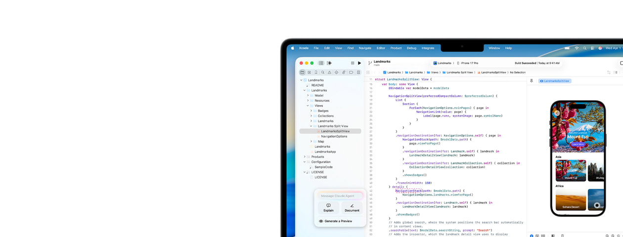 Xcode en cours d’exécution sur Mac, avec l’assistant de codage IA Claude Agent et un aperçu d’app sur iPhone