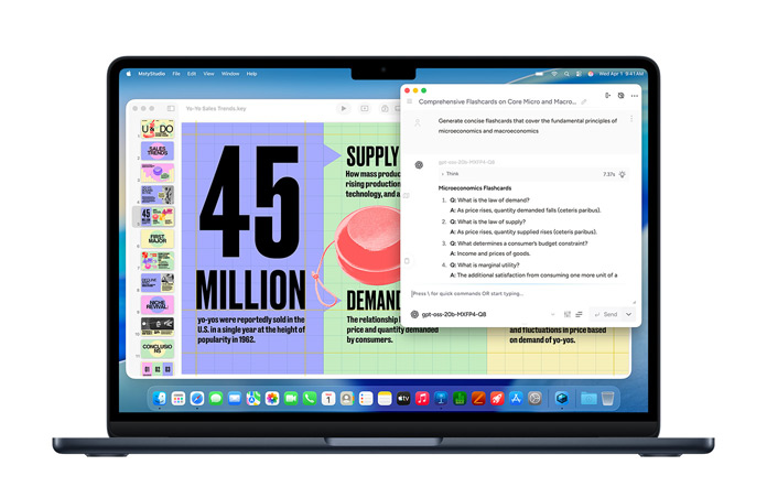 Un MacBook affiche un écran Msty Studio présentant des fiches de révision sur la microéconomie, illustrant les capacités d’IA embarquée