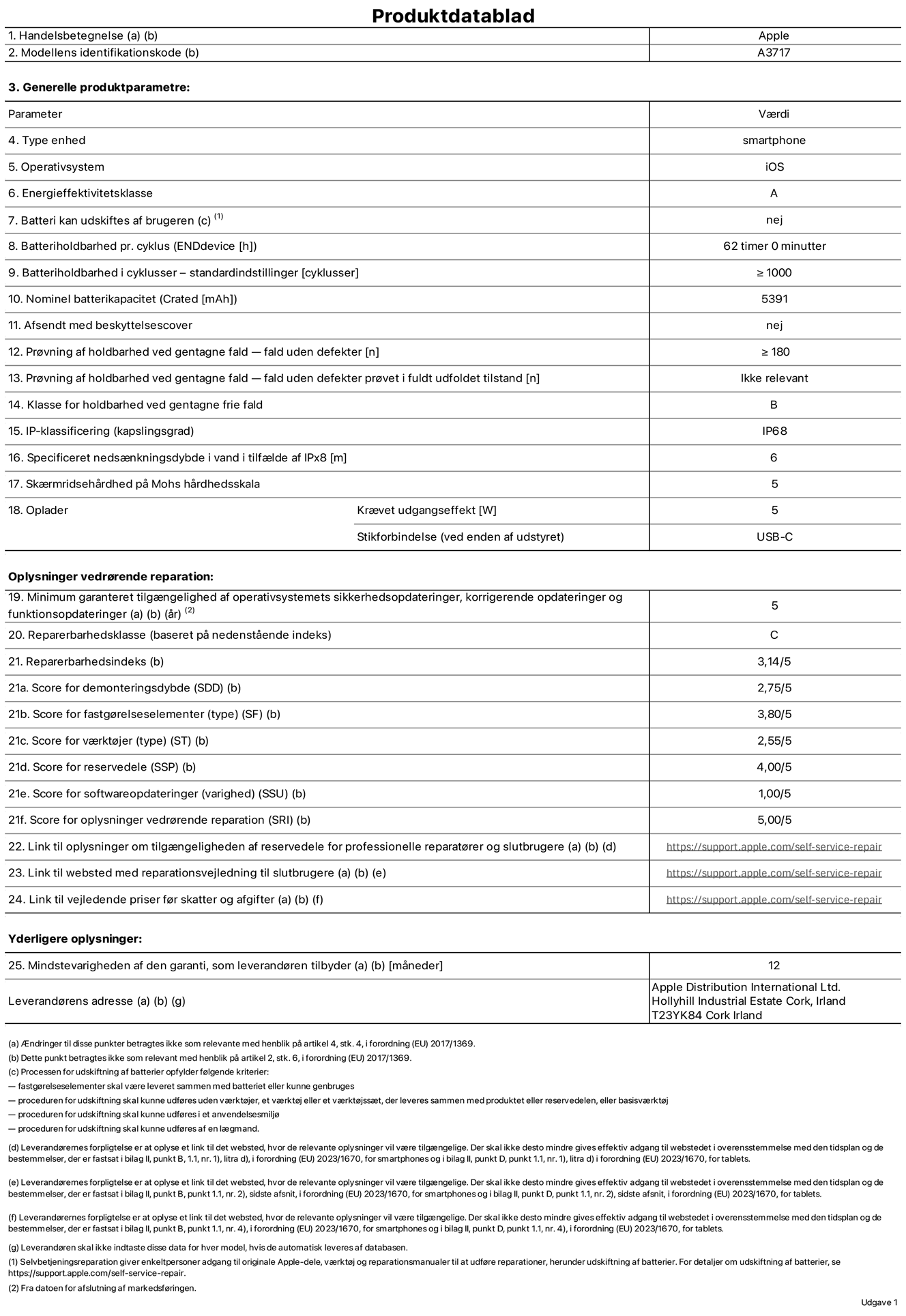 Produktdatablad til iPhone 18 Pro Max, model A3717. Leveret af Apple Distribution International Limited, Hollyhill Industrial Estate. Cork, Irland, T23 YK84. Enhedstype: smartphone. Styresystem: iOS. Energieffektivitetsklasse: A. Batteri kan udskiftes af brugeren: nej. Batteritid pr. cyklus: 62 timer. Batterilevetid i cyklusser – standardindstillinger: ≥ 1000. Nominel batterikapacitet: 5391 mAh. Leveres med beskyttelsescover: nej. Holdbarhedstest ved gentagne fald – fald uden defekt: ≥ 180. Holdbarhedstest ved gentagne fald – fald uden defekt testet i fuldt udfoldet tilstand: ikke relevant. Holdbarhedsklasse ved gentagne fald: B. Kapslingsklasse: IP68. Angivet nedsænkningsdybde i vand ved IPx8: 6 meter. Skærmens ridsefasthed på Mohs' hårdhedsskala: 5. Påkrævet udgangseffekt for oplader: 5 watt. Opladerstiktype (på enheden): USB-C. Garanteret minimumsperiode for tilgængelighed af sikkerhedsopdateringer, fejlrettelser og funktionsopdateringer til styresystemet: 5 år. Reparerbarhedsklasse: C. Reparationsindeks: 3,14/5. Score for demonteringsdybde (SDD): 2,75/5. Score for fastgørelseselementer: 3,80/5. Score for værktøj: 2,55/5. Score for reservedele: 4,00/5. Score for softwareopdateringer: 1,00/5. Score for reparationsoplysninger: 5,00/5. Weblink til oplysninger om tilgængeligheden af reservedele for professionelle reparatører og slutbrugere: https://support.apple.com/self-service-repair. Weblink til vejledning i reparation for slutbrugere: https://support.apple.com/self-service-repair. Weblink til vejledende priser før skatter og afgifter: https://support.apple.com/self-service-repair. Produktet er omfattet af 12 måneders garanti.