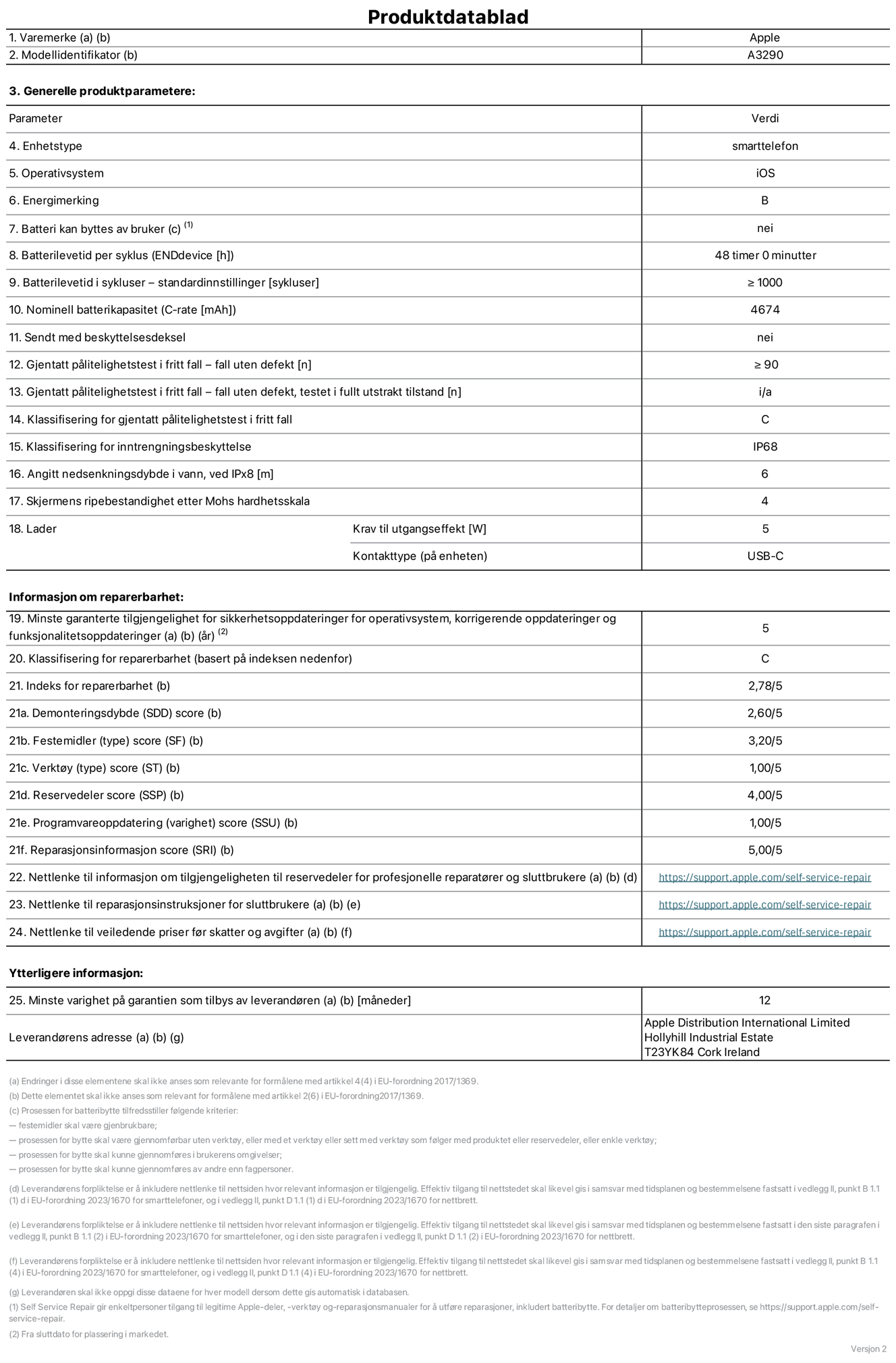 Produktdatablad for iPhone 16 Plus – modell A3290. Levert av Apple Distribution International Limited, Hollyhill Industrial Estate. Cork, Irland T23 YK84. Enhetstype: smarttelefon. Operativsystem: iOS. Energieffektivitetsklasse: B. Batteriet kan byttes av brukeren: nei. Batteriets holdbarhet per ladesyklus: 48 timer. Batteriets holdbarhet i antall ladesykluser – standardinnstillinger: ≥ 1000. Nominell batterikapasitet: 4674 mAh. Leveres med beskyttelsesdeksel: nei. Holdbarhetstest ved gjentatte fall – antall fall uten feil: ≥ 90. Holdbarhetstest ved gjentatte fall – antall fall uten feil i helt utfoldet tilstand: ikke aktuelt. Holdbarhetsklasse ved gjentatte fall: C. Kapslingsgrad: IP68. Angitt nedsenkingsdybde i vann ved IPx8: 6. Skjermens ripefasthet på Mohs skala: 4. Krav til laderens utgangseffekt: 5 watt. Laderens stikkontakt (på enhetssiden): USB-C. Minstegaranti for tilgang på sikkerhetsoppdateringer, feilrettinger og funksjonsoppdateringer til operativsystemet: 5 år. Reparerbarhetsklasse: C. Reparerbarhetsindeks: 2,78/5. Demontering: 2,60/5. Festeanordninger: 3,20/5. Verktøy: 1,00/5. Reservedeler: 4,00/5. Programvareoppdateringer: 1,00/5. Informasjon om reparasjon: 5,00/5. Lenke til informasjon om tilgjengelighet for reservedeler for profesjonelle reparatører og sluttbrukere: https://support.apple.com/self-service-repair. Lenke til reparasjonsveiledning for sluttbrukere: https://support.apple.com/self-service-repair. Lenke til veiledende priser ekskl. mva: https://support.apple.com/self-service-repair. Produktet omfattes av en 12-måneders generell garanti.