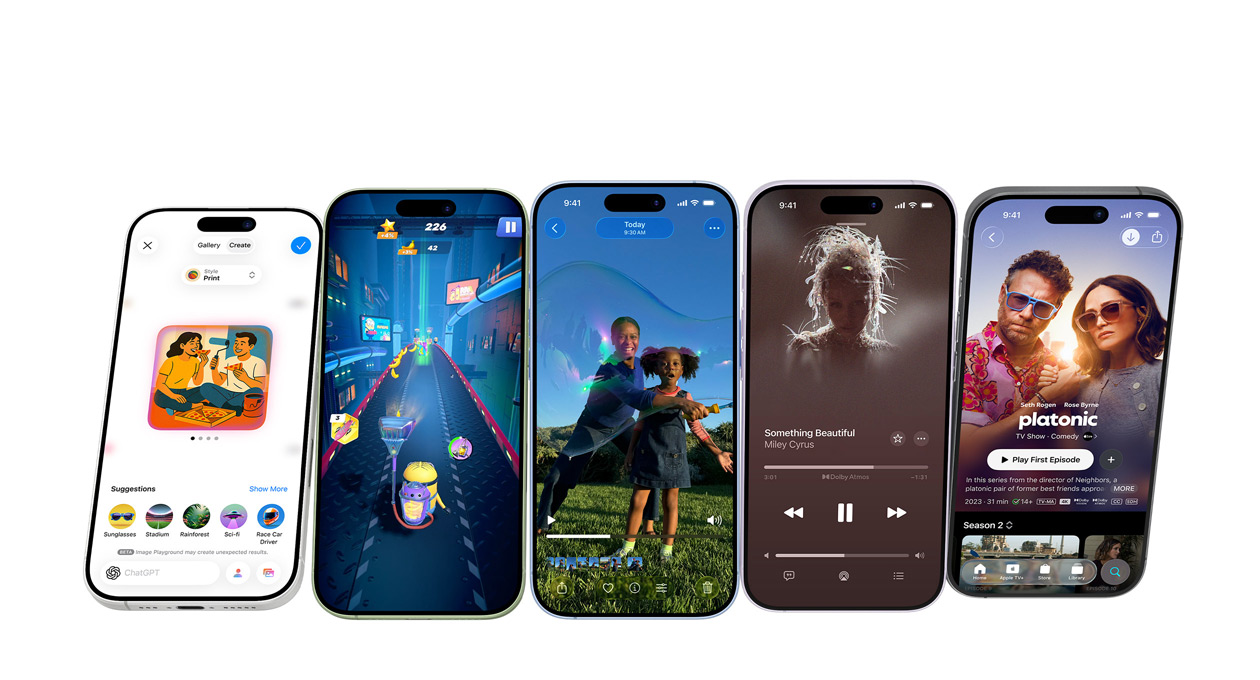 Des iPhone 17 dans différents coloris, écrans affichant diverses apps