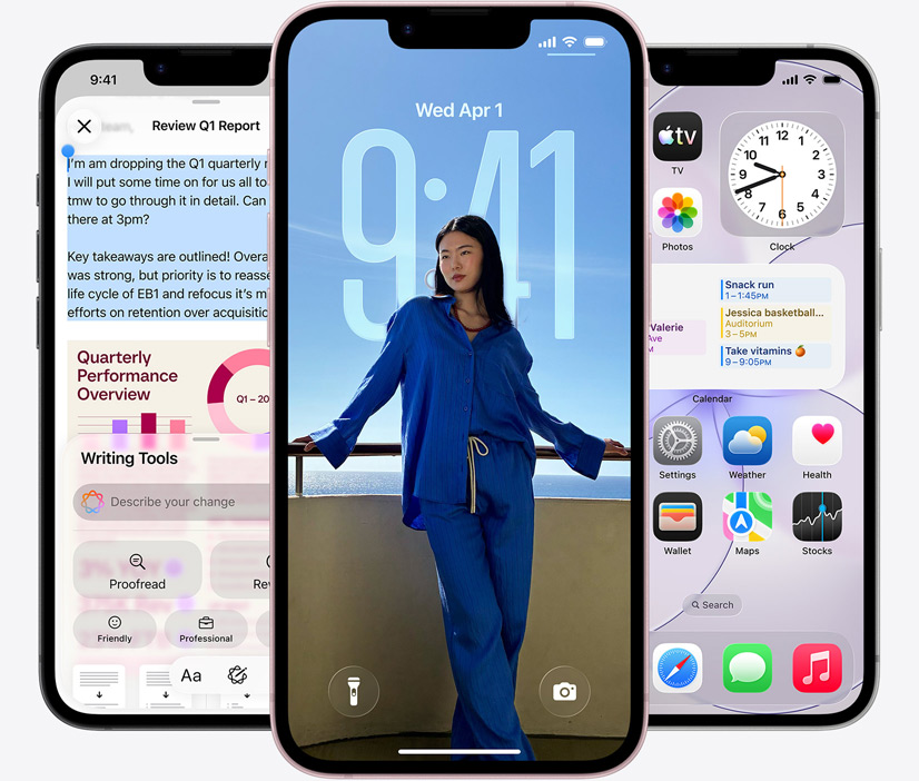 Three iPhone 17e devices, front exterior, screenshot featuring Writing Tools in use, Lock Screen showing a photo of a person, and Messages app sending messages via satellite