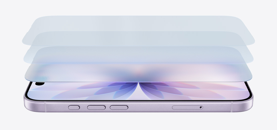 iPhone 17 en acabado lavanda colocado en horizontal, diseño en capas que destaca el Ceramic Shield 2