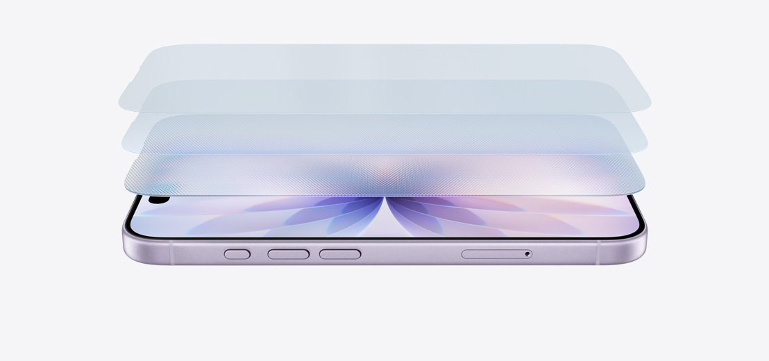 iPhone 17 en acabado lavanda colocado en horizontal, diseño en capas que destaca el Ceramic Shield 2