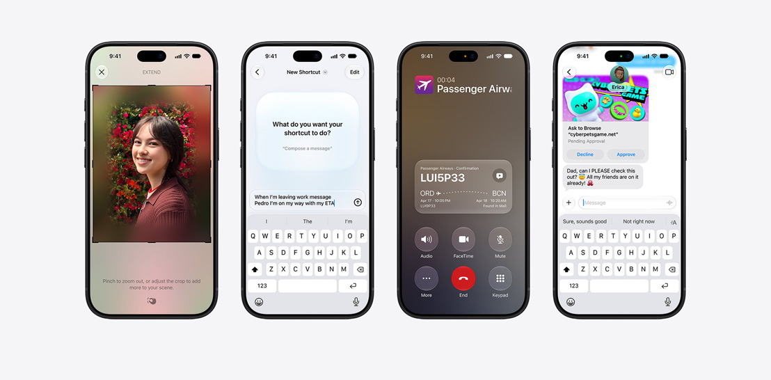 Four iPhone 18 Pro models, close-up front exteriors, each displaying various iOS features. From left to right, iPhone 18 Pro, screen displaying a team debrief being scheduled by Siri AI, iPhone 18 Pro, screen displaying the Siri App, grid of cards representing past interactions, featuring topics like “Healthy 30 Minute Recipes,” “Mexico City Largest Park” with an accompanying image, and “Social Media Launch Email”, iPhone 18 Pro, screen displays an active phone call with “Passenger Airways” with a Call Context card on the bottom of the screen with relevant flight confirmation details, including the booking code, route from JFK to RAK, and flight times, with a note indicating the information was “Found in Mail”, iPhone 18 Pro, screen displays a conversation with Siri AI, asking about the color of a tablecloth.