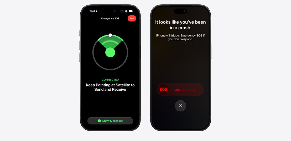 Three iPhone models side by side, display showing Messages, Find My, Roadside Assistance widgets available via Satellite, iPhone screen showing Emergency SOS in use, iPhone screen showing Roadside Assistance in use