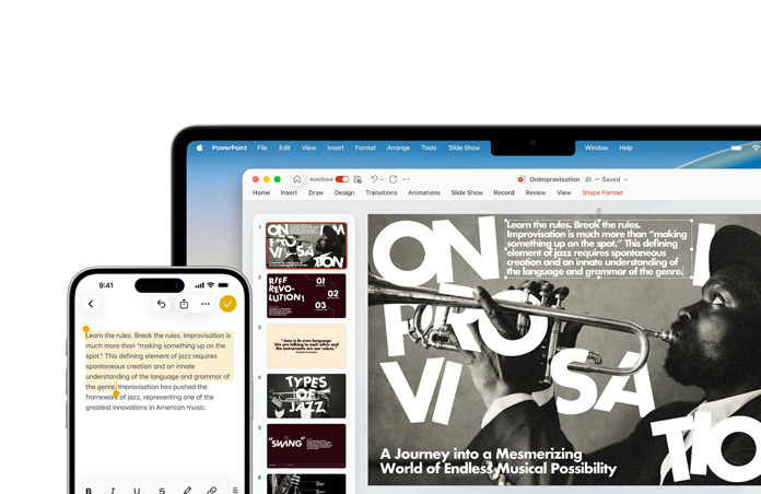 iPhone 16 Plus med tekst markeret i Noter-appen og MacBook Air med en PowerPoint-slide, hvor teksten fra Noter-appen er synlig