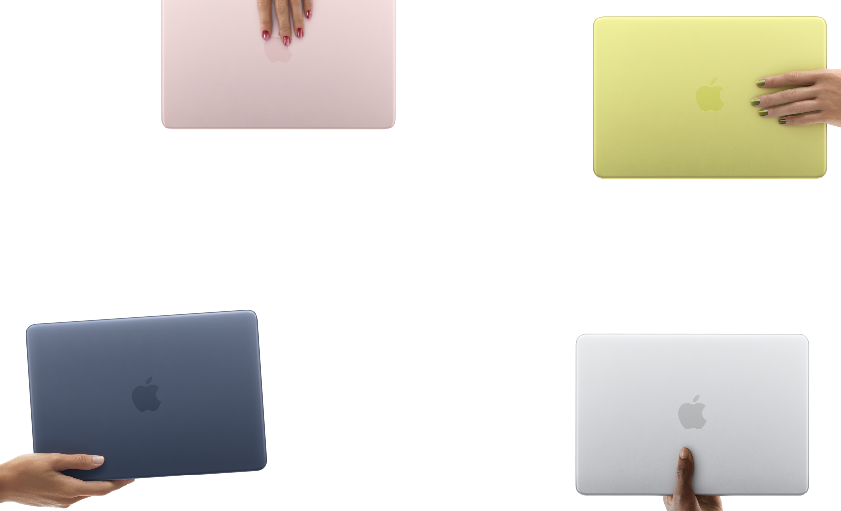 Des portables MacBook Neo dans différentes couleurs, chacun tenu par une personne différente