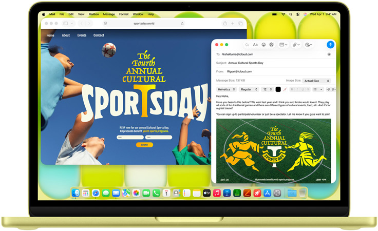 På en MacBook Neo i fargen sitrus vises hender på tastaturet. Personen skriver en e‑postinvitasjon til et idrettsarrangement, og nettstedet for arrangementet er åpent ved siden av e‑posten.