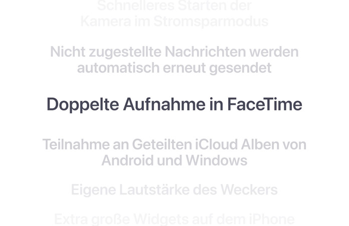 Eine vertikale Liste von Features, mit „Doppelte Aufnahme in FaceTime“ in Fettschrift in der Mitte. Die umliegenden Features verblassen oben und unten im Hintergrund.