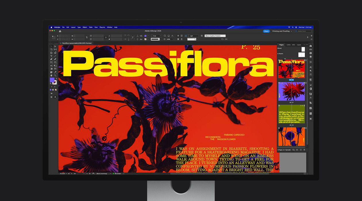Dans un fichier Adobe InDesign 2026, une page de magazine éclatante met en valeur l’espace de couleur P3 + Adobe RGB