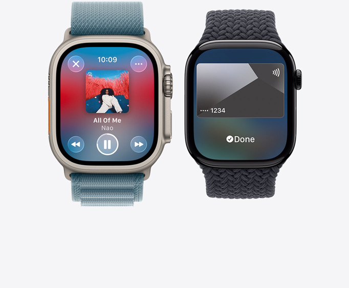 Apple Watch Ultra 3, titanboett, naturlig finish, appen Apple Music, Spelas nu på skärmen, Apple Watch Series 11, aluminiumboett, polerad gagatsvart finish, Apple Pay-skärm, Apple Card