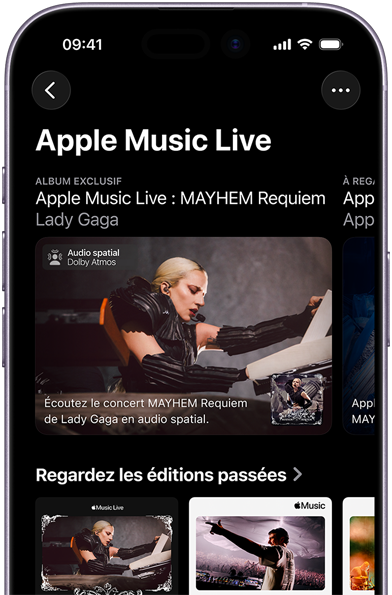 Écran Apple Music Live sur iPhone affichant Regardez les éditions passées