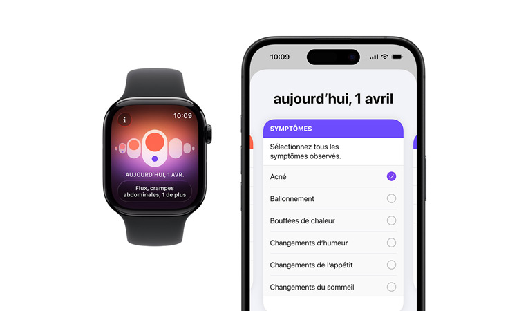 Apple Watch Series 11, boîtier en aluminium, finition noir de jais polie, Bracelet Sport, noir, app Suivi de cycle, sélecteur des symptômes du jour ouvert sur un iPhone jumelé