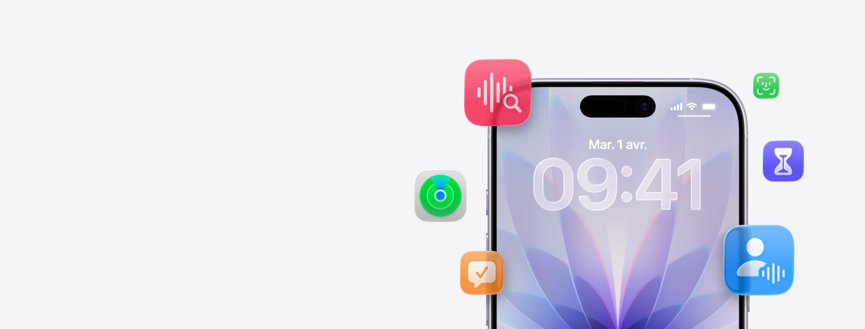 Un iPhone entouré des icônes de diverses fonctionnalités Apple intégrées