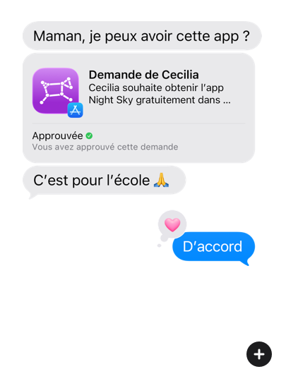 Une conversation entre un enfant et un parent, où l’enfant demande de télécharger pour l’école l’app Night Sky sur l’App Store.