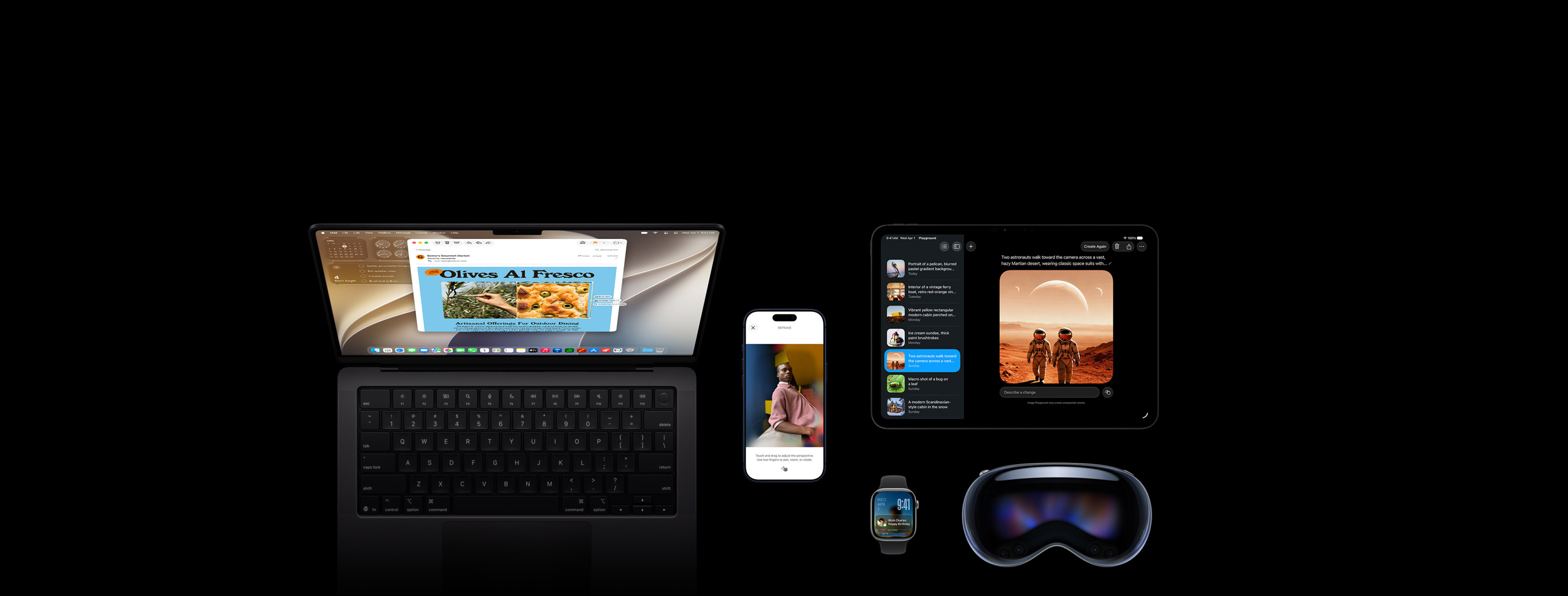 Cinq produits, dont un iPhone 17 Pro, bleu intense, montrant une démo de la fonctionnalité de retouche photo Recadrer avec l’image d’une personne appuyée contre un plan de travail, une Apple Watch Series 11, gris sidéral de 46 mm, affichant la date et le verrouillage de l’écran avec un rappel de calendrier d’anniversaire dans Défilement intelligent, un MacBook Pro 14 pouces, noir sidéral, affichant une démo de l’Intelligence visuelle avec une capture d’écran d’une focaccia aux olives à partir d’un e-mail et plusieurs prompts sur l’image, et un iPad Pro 11 pouces, noir sidéral, affichant Image Playground avec l’image de deux astronautes sélectionnée dans une liste dans la barre latérale, un Apple Vision Pro, vue de face
