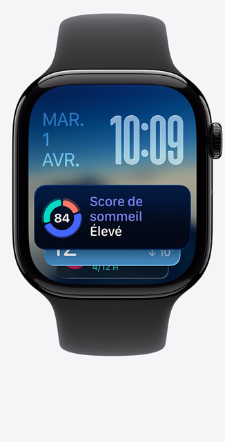 Apple Watch Series 11, boîtier en aluminium, finition noir de jais poli, Défilement intelligent, alerte de score de sommeil, côté droit, Digital Crown, Bracelet Sport noir