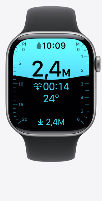 Apple Watch Series 11, boîtier en aluminium, finition gris sidéral, écran de l’app Profondeur, plongée à 2,40 mètres