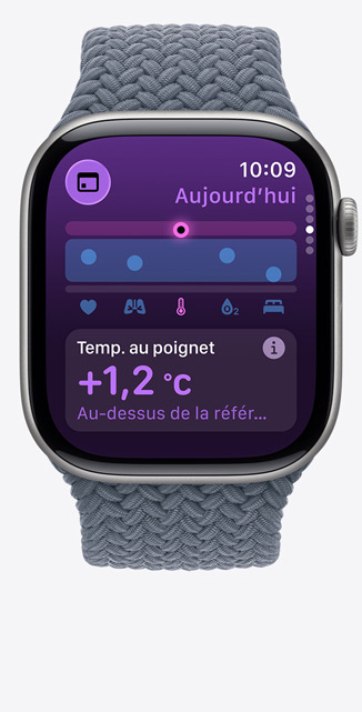 Apple Watch Series 11, boîtier en titane, finition ardoise, app Signes vitaux, tableau des scores de santé, notification de température au poignet supérieure à la valeur de référence, côté droit, Digital Crown, Bracelet Boucle unique tressée bleu maritime