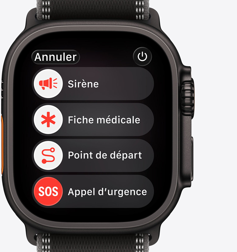Apple Watch Ultra 3, boîtier en titane, finition noire, écran affichant les options d’aide d’urgence : sirène, fiche médicale, point de départ, appel d’urgence