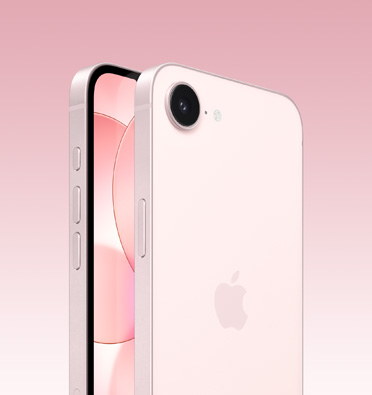 Μπροστινή και πίσω όψη του iPhone 17e σε απαλό ροζ χρώμα, μερική μπροστινή οθόνη, πλήρης πίσω όψη με το λογότυπο της Apple και μονή κάμερα, το πλάι δείχνει τα κουμπιά Δράσης, έντασης ήχου και τα πλευρικά κουμπιά.