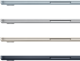 Πλάγιες εξωτερικές όψεις από τέσσερα laptop MacBook Air, οι οποίες παρουσιάζουν τέσσερα διαφορετικά φινιρίσματα