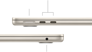 MacBook Air, κλειστό, στην αριστερή πλευρά φαίνονται η θύρα MagSafe και δύο θύρες Thunderbolt, στη δεξιά πλευρά φαίνεται η υποδοχή ακουστικών