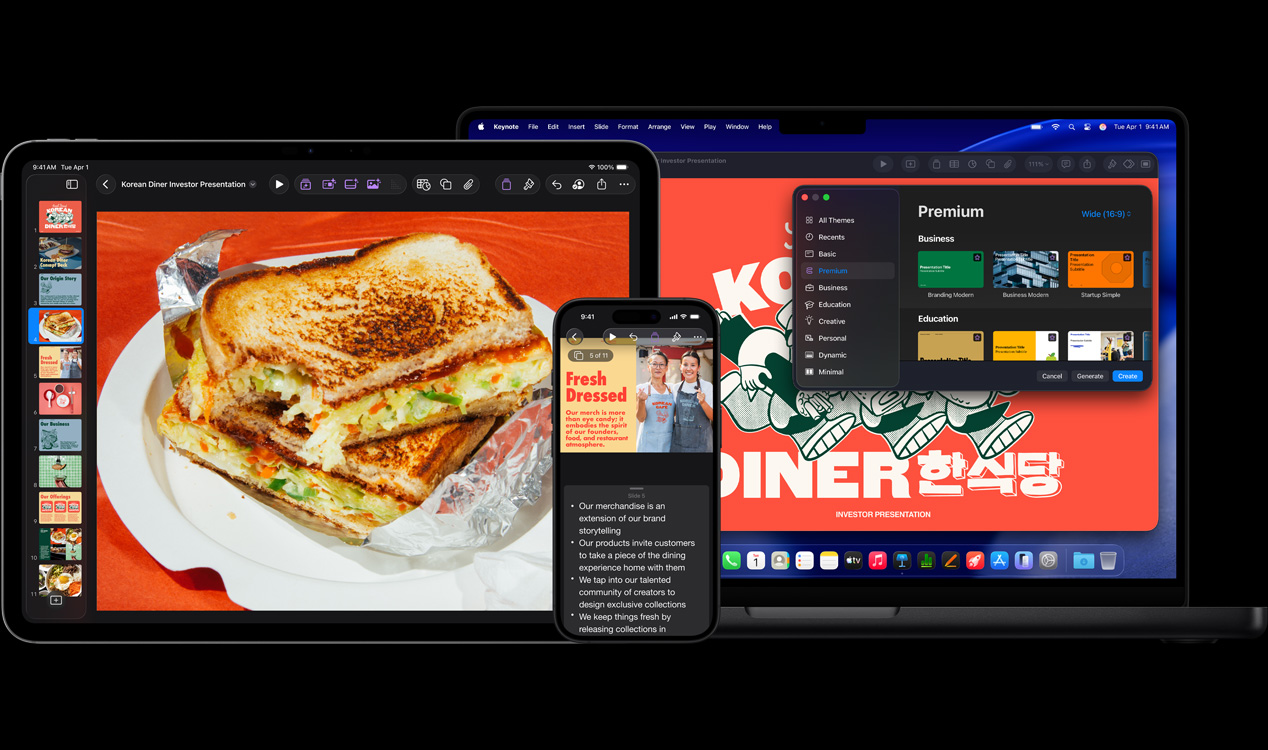 13 吋 iPad Pro 螢幕顯示 Keynote，展示一碟蔬菜三文治的生成影像；iPhone 16 螢幕顯示 Keynote，展示兩名女子的相片和演講者筆記；16 吋 MacBook Pro 螢幕顯示 Keynote 簡報，主題視窗打開。