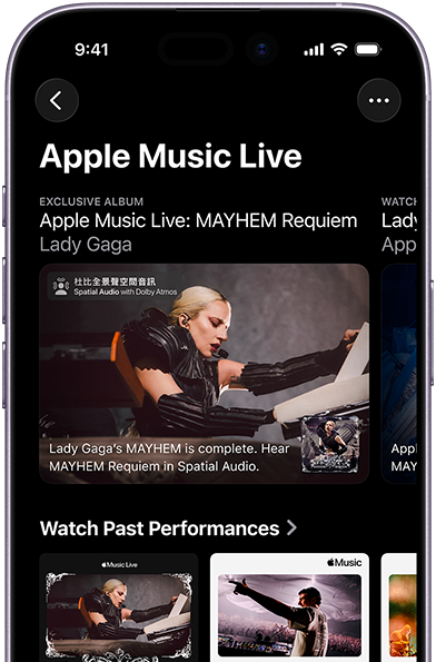 iPhone 上的 Apple Music Live 畫面，顯示「立即觀看」及過往演出