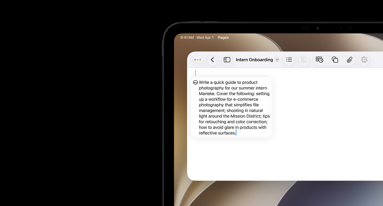 Top left corner of iPad, screen displays open Pages document, prompt for Write with Siri to draft copy