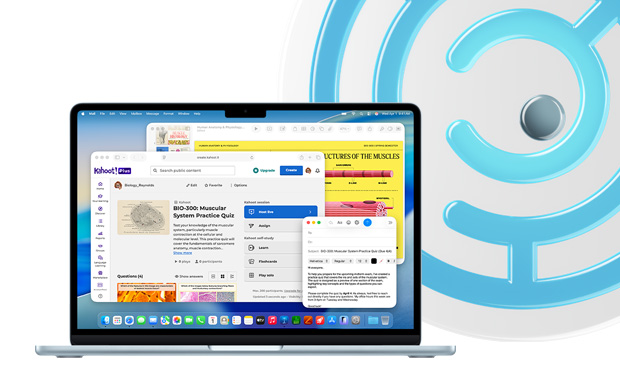 MacBook, Sky Blue, open laptop displaying educational content in Keynote, Mail, and Safari showing Kahoot!, including "BIO-200 Muscular System Practice Quiz"