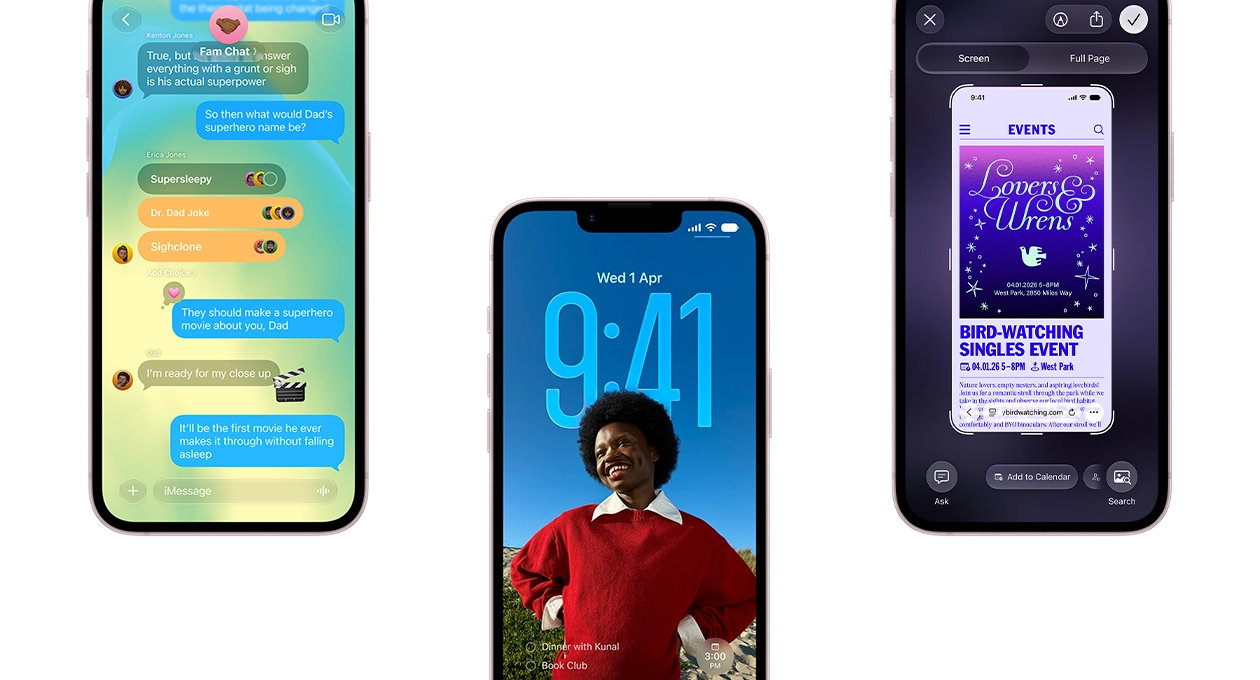 三部 iPhone 17e 裝置：左邊螢幕顯示 iMessage app 對話；中間螢幕顯示鎖定畫面，畫面展示一個人微笑的照片，身後顯示時間和日期；右邊螢幕顯示建立活動介面