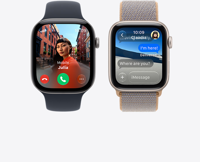 Apple Watch Series 12 裝置，分別配搭黑色運動錶帶和水手布藍色 (淺藍灰色) 運動手環，螢幕分別顯示：來電、聯絡人相片、接聽與拒接來電按鈕、iMessage 對話