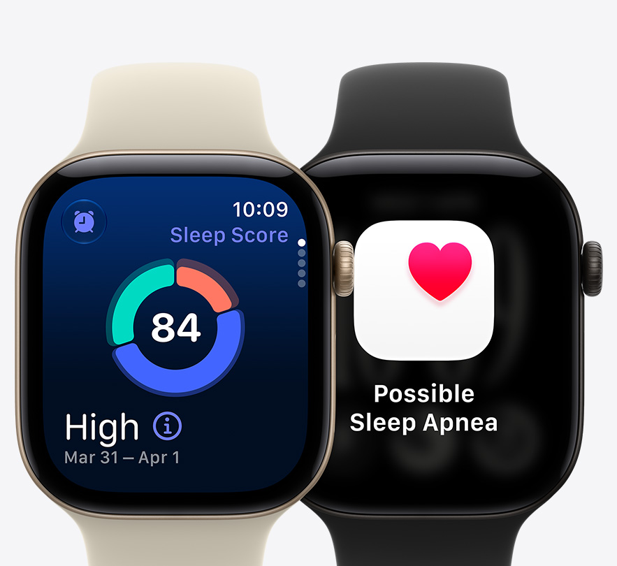 兩隻 Apple Watch Series 12 裝置，螢幕分別顯示睡眠分數畫面和可能的睡眠窒息通知
