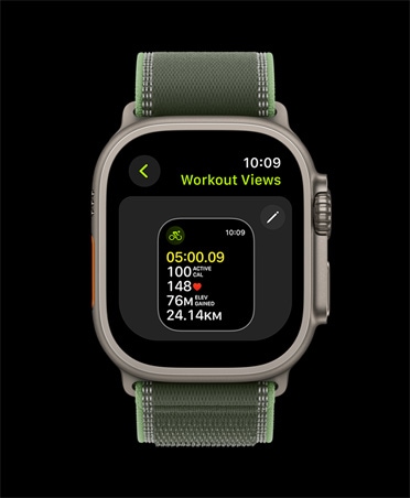 Apple Watch Ultra 3, kućište od titanija, prirodna boja, ekran za uređivanje prikaza treninga, narukvica Trail, zelena/neon boja