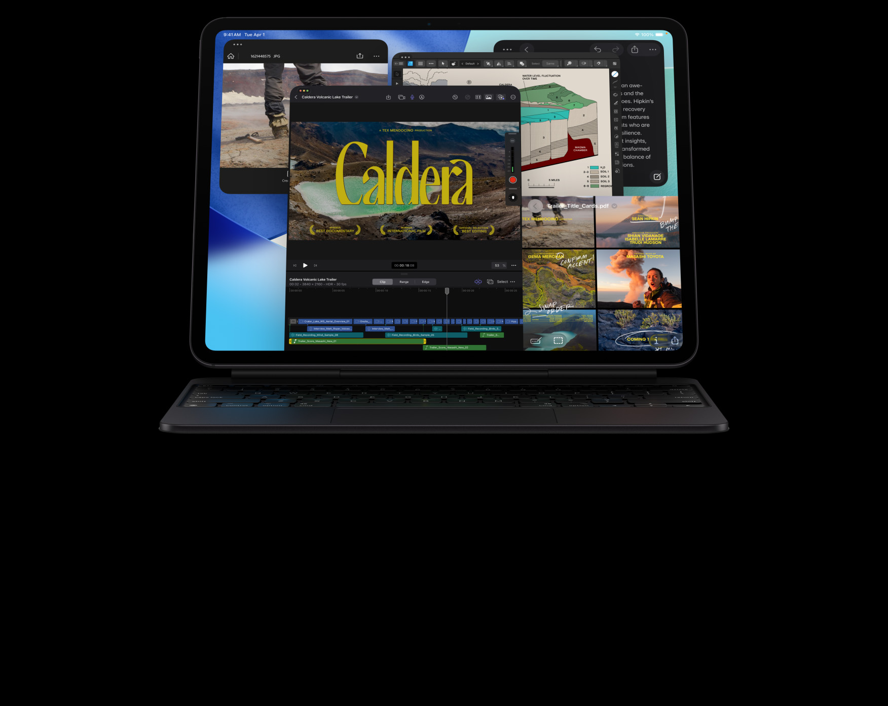 iPad Pro, pejzažna orijentacija, svemirski crna boja, olovka Apple Pencil položena na gornji rub iPada Pro, zaslon s više prozora aplikacija koji su posloženi jedan preko drugog, uključujući Final Cut Pro s više značajki za uređivanje videozapisa i vremenskom linijom, Karte, Bilješke i različite multimedijske isječke