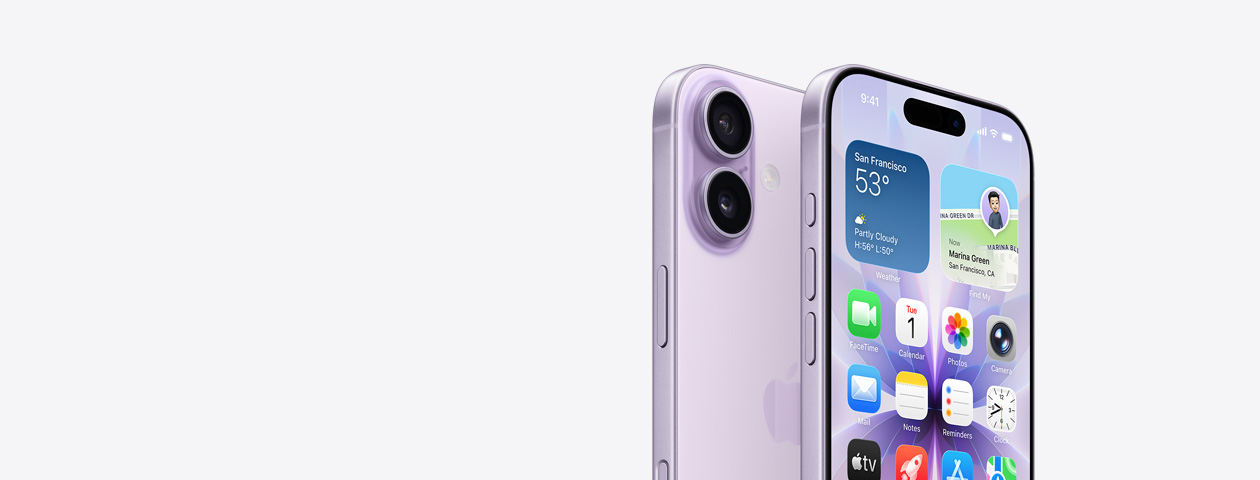 Levendulaszínű iPhone 17 elölnézetből, részlegesen kitakart Főképernyővel, a készülék enyhén oldalra fordítva, Művelet gombbal és hangerőgombokkal. A készülék hátulnézetből, a bal felső sarkában a Dual Fusion kamerarendszerrel, kameravezérlő gomb