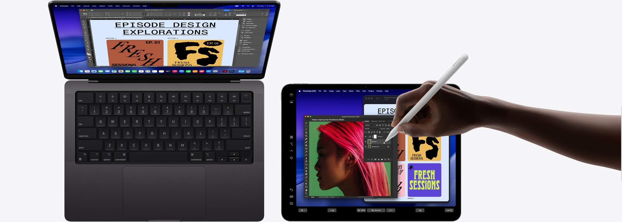 Egy 14 hüvelykes MacBook Pro, amelynek kijelzőjét egy 13 hüvelykes iPad Pro terjeszti ki, egy kéz az Apple Pencil Prót használja az iPaden megjelenő kép módosításához